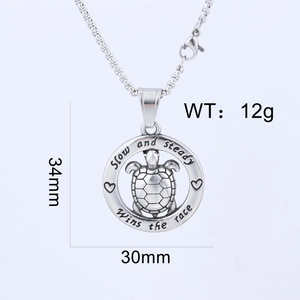 Detail of silver turtle pendant with Slow and steady Wins the race engraving and dimensions