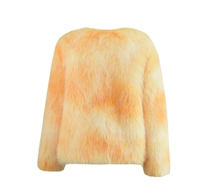 Detailed view of fluffy orange and cream faux fur coat texture and round neckline