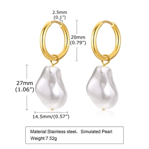 Detail view of gold stainless steel hoop earrings with baroque simulated pearls and measurements