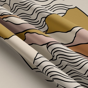 Tapisserie moderne abstraite avec vagues noires et blocs colorés pour déco murale