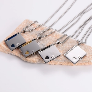 Polished stainless steel heart book locket necklaces in silver, gold, black and blue colors