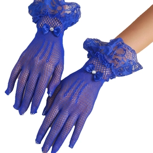 Bright blue fishnet bridal gloves with delicate bow and pearl accents on white background