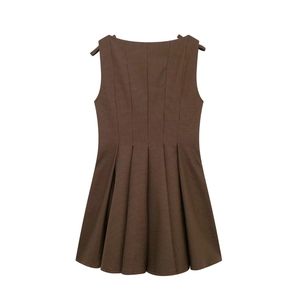 Vintage brown plaid sleeveless dress with back bow tie and pleated hem on white background