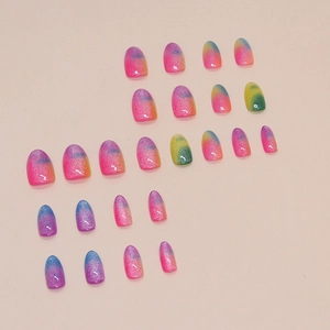 Dreamy candy-colored cat eye press-on nails with glitter gradient shimmer, 22 piece set