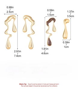 Detailed size specifications and 19g weight of liquid drop gold alloy earrings