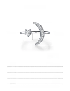 Macro view of S925 sterling silver ring with star and moon diamond details