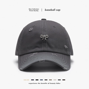 Distressed Cotton Baseball Cap With Silver Metal Bow Ripped Vintage Adjustable Sun Protection Outdoor Hat For Unisex