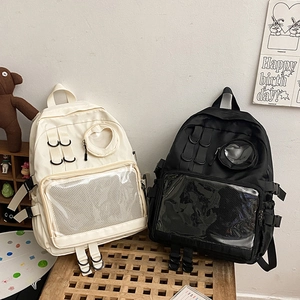 Large Capacity Nylon Backpack For Girls Japanese Style Ita Bag With Heart Transparent Window And Mesh Pocket School Bag
