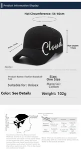 Size chart showing baseball cap dimensions and head circumference measurements for men and women
