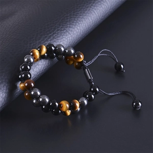 Double-layer 8mm tiger eye and black onyx beaded bracelet with adjustable cord for men