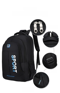 Detail of durable oxford fabric backpack with smooth two-way zippers and reinforced stitching