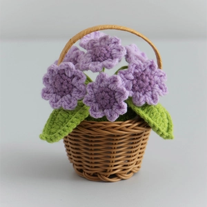 Handmade purple crochet flowers in a brown basket centerpiece for home decoration