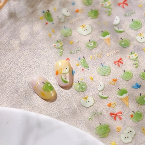 Autocollants 3D pour ongles motif pomme verte avec dessins de fruits et crème glacée