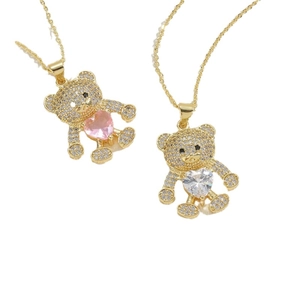 Teddy bear heart pendant necklaces in gold with pink and clear zircon crystals