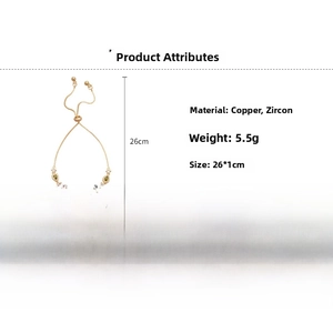 Detailed specs of gold bracelet with colorful teardrop zircons, 26cm length and 5.5g weight