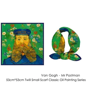 Detailed twill silk scarf featuring Van Gogh art print in a 53cm square format
