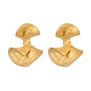 French vintage 18K gold plated stainless steel fan earrings with embossed wavy texture