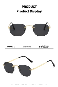 Detail of gold metal frame and grey polygon lenses on rimless modern sunglasses