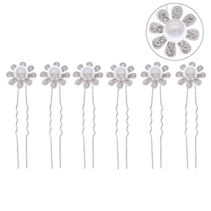 Set di 6 forcine a U con fiori di strass scintillanti e centro di perle in argento