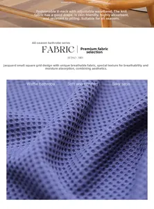 Detailed macro view of waffle texture fabric in navy blue with high breathability features