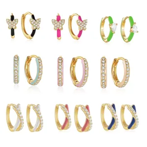 925 Sterling Silver Butterfly Rhinestone Enamel Hoop Earrings For Women Dopamine Color Fashion Dainty Animal Ear Jewelry