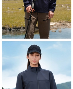 Detail of waterproof softshell outdoor jacket with standing collar and windproof fabric