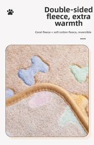 Detail of coral and sherpa fleece pet blanket with colorful bone print patterns
