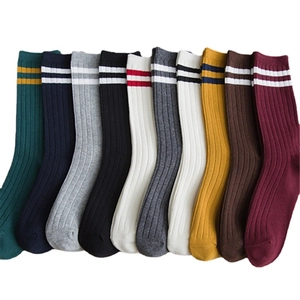 Set of 10 pairs of ribbed cotton mid-calf socks with dual stripes in various solid colors
