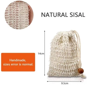 Detail view of handmade natural sisal soap bag with dimensions and dark wooden bead