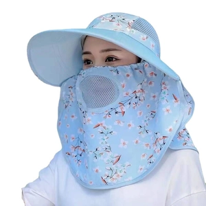 Women's floral sun hat with protective face mask and neck flap in light blue