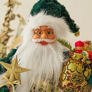 Santa Claus plush ornament with green festive outfit and golden star gift bag decoration