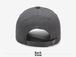 Close-up of dark grey baseball cap back view with adjustable metal buckle and twill fabric