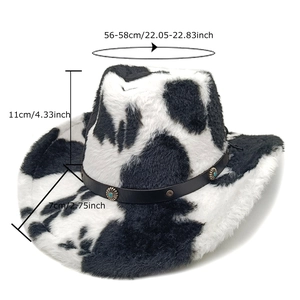 Cow print western cowboy hat with turquoise studs and size measurements 56-58cm