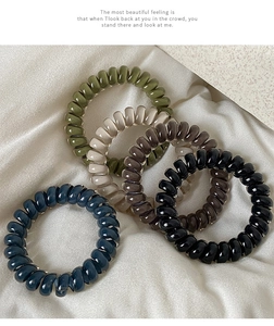Macro shot of five glossy spiral hair ties in olive, beige, coffee, black, and navy blue