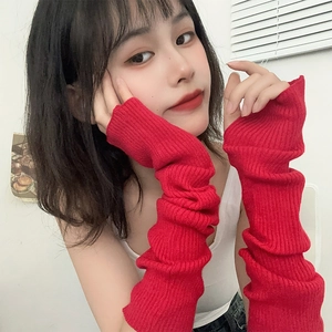 Japanese style vibrant red ribbed knit arm warmers for y2k hip hop fashion outfits