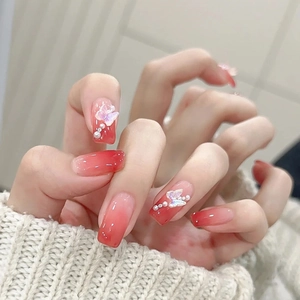 Handmade Press On Nails Long Coffin Shape Gradient Peach Red With 3D Butterfly Artificial Pearls Rhinestones For Women