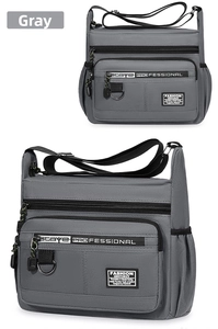 Front and side views of a grey multi-pocket waterproof crossbody bag with adjustable strap
