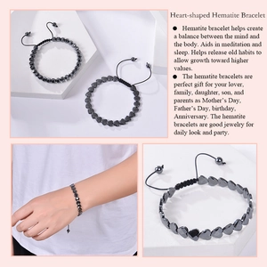Adjustable heart-shaped hematite bead bracelet with black braided cord for meditation