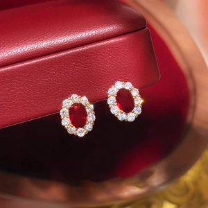 18K gold plated oval ruby stud earrings with halo zircon accents in luxury red jewelry box