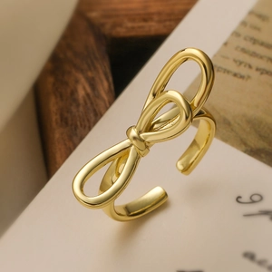 Hollow Bow-knot Open Ring 18K Gold Plated Copper Adjustable Finger Band Minimalist French Retro Jewelry For Women