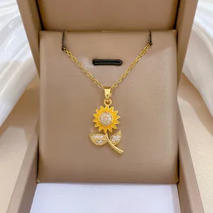 Sunflower Pendant Necklace Gold Titanium Steel Copper Cubic Zirconia Yellow Enamel Elegant Floral Jewelry Women