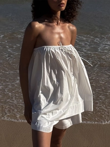 Femme En Coton Haut Bustier Froncé Et Short Vacances Été Décontracté Plage Couleur Unie