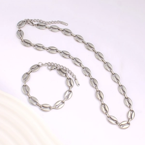 Silver coffee bean chain jewelry set with 18K necklace and matching bracelet