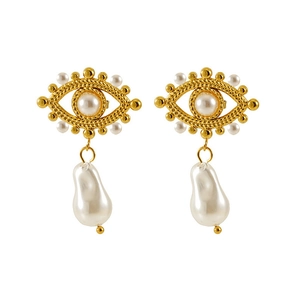 Detail of 18K gold stainless steel evil eye earrings with iridescent baroque pearls