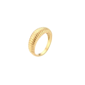 Chunky gold stainless steel croissant ring with vintage ribbed texture on white background