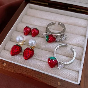 Strawberry Earrings And Adjustable Ring Copper Enamel Imitation Artificial Pearl Zircon With Silver Earring Post Sweet Fruit Jewelry