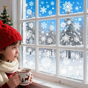 White snowflake static window decals with winter forest scene and cozy holiday festive vibe