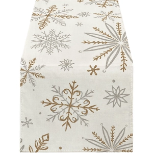 Winter Christmas table runner with gold and silver snowflake prints on linen fabric