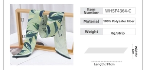Detailed product specs of green leaf print polyester twilly scarf showing dimensions