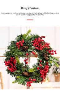 Detailed close-up of Christmas wall decor with PE pine needles, pine cones and red berries